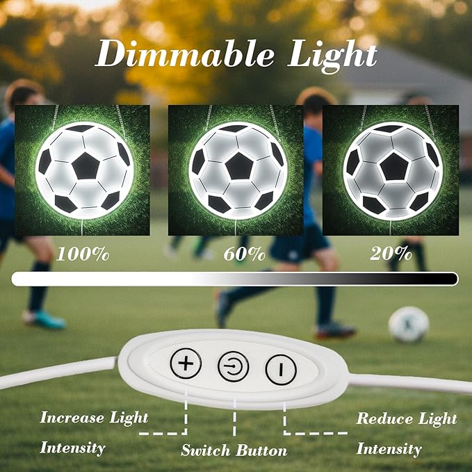 Soccer Neon Sign for Wall Decor, Dimmable LED Light for Bedroom Sports Room Decor, Soccer Gifts for Boys 8-12, 12.6 x 12.6 Inches