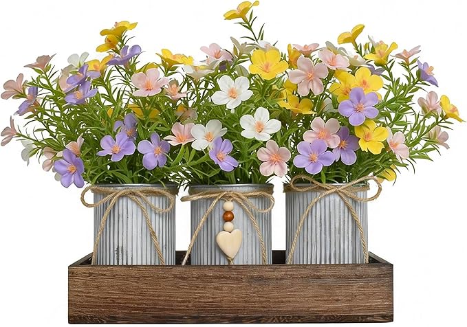 Artificial Gypsophila Baby's Breath, Rustic Table Centerpieces Home Decor for Dining Room, Farmhouse Wood Planter Box with 3 Galvanized Metal Pots Decorative Table Centerpiece