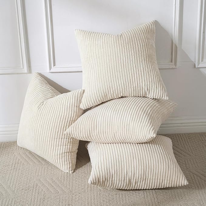 Volcanics Set of 4 Beige Cream Corduroy Decorative Couch Throw Pillow Covers 18x18 Inch, Modern Double-Sided Striped Cushion Cases, Soft Boho Square Accent Pillow Covers, Mix and Match for Home Decor