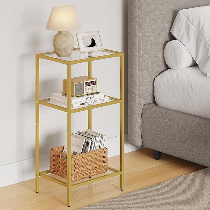 Side Table with Tempered Glass, End Table with Storage Shelves, 3-Tier Small Nightstand,Tall Table Stand for Home Decor, Living Room, Bedroom, Office, Gold