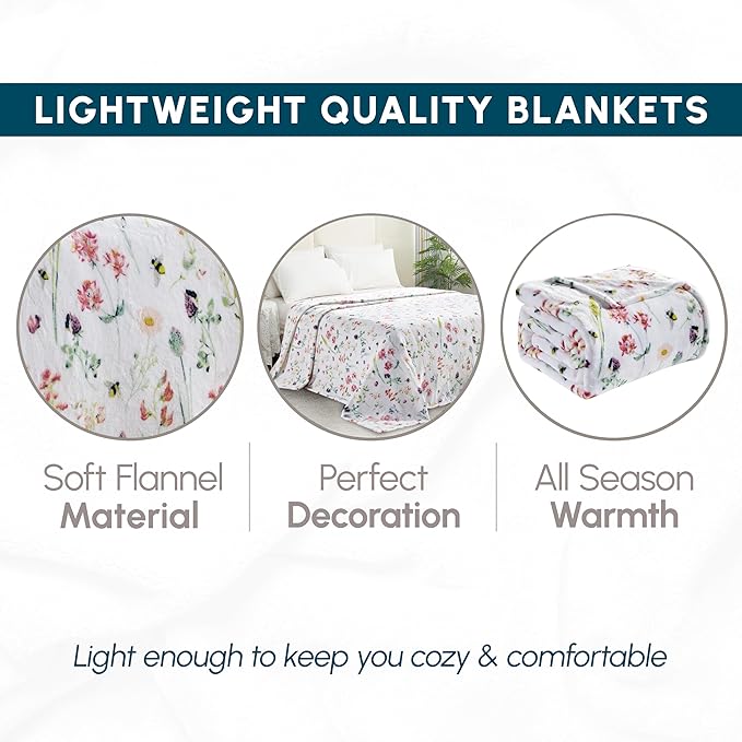 Elegant Comfort Ultra Soft Print Flannel Fleece Bed Blanket, Cozy-Fuzzy Lightweight Bedspread Coverlet, All Season Decorative Blanket for Couch, Sofa, Floral Design, Queen Size, Bloom