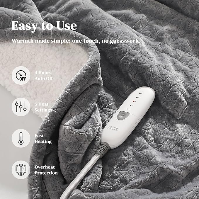 Electric Throw Blanket Heated Throw 50''x60''- Wheat Pattern Flannel & Sherpa Heated Lap Blanket with 5 Heat Settings & 4-Hour Auto Shut-Off, ETL & FCC Certified, Machine Washable Home Use, Grey