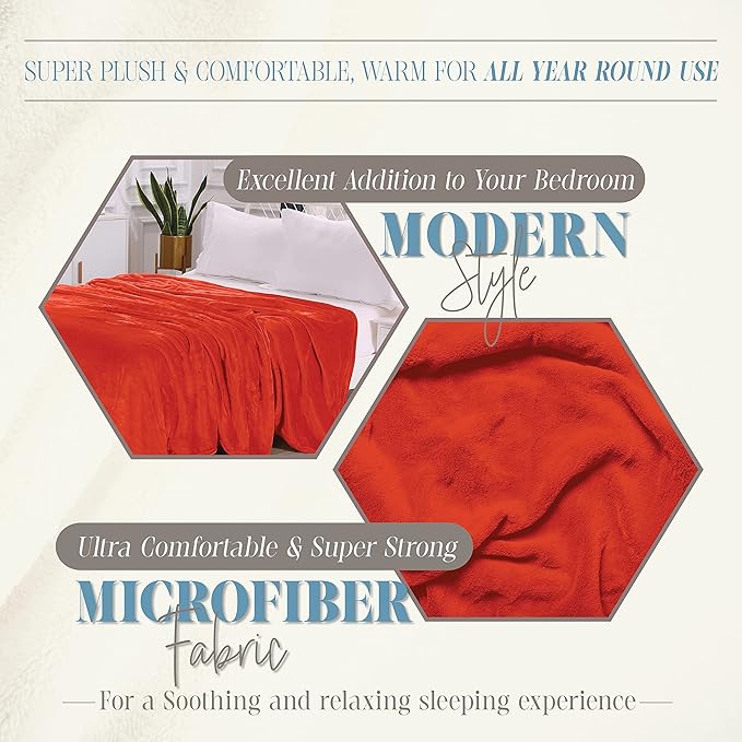Elegant Comfort Luxury Velvety Feel Blanket, All-Season Lightweight Blanket, Ultra Plush, Soft, Cozy-Fuzzy Flannel Fleece for Couch, Sofa, Bed, Travel, Solid Design, King/California King, Orange