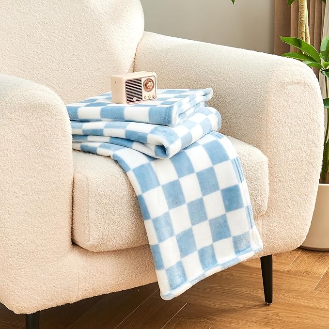 Checkered Blanket Flannel Throw Blankets Soft Cozy Checkered Grid Print Chessboard Gingham Pattern Throws for Bed Sofa Couch for All Seasons, 50x60 Inch, Blue