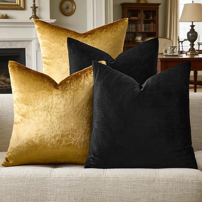 GIGIZAZA Pack of 4 Black Gold Pillow Covers,16x16 Velvet Throw Pillows Soft Covers Decorative Luxury Couch Square Pillow Covers Modern Living Room Cushion Covers