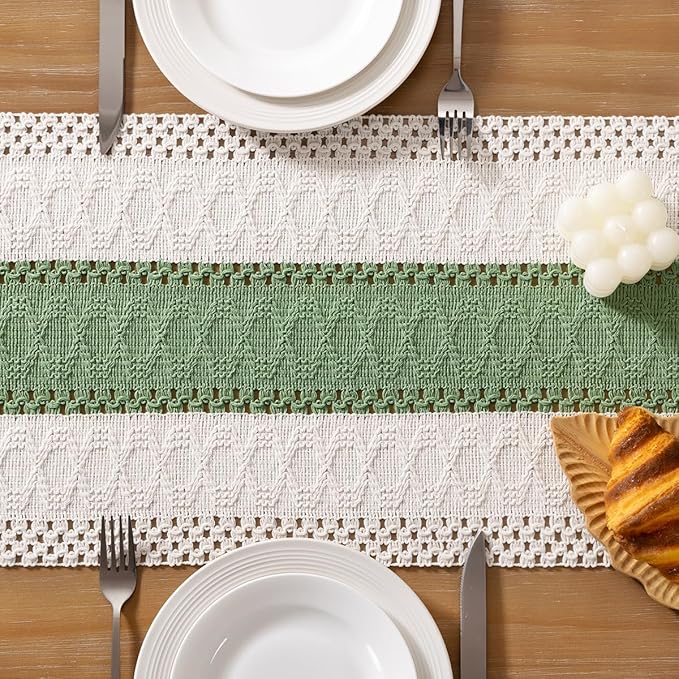 Socomi Boho Table Runner Macrame Long Easter Spring Farmhouse Woven Cotton Linen Rustic Coffee Table Runner with Tassels for Dresser Scarf Home Decor Dining Room 12x108 inch Sage Green Ivory
