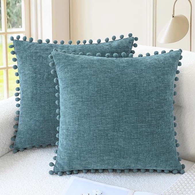 CaliTime Throw Pillow Covers Decorative 16 X 16 Inches Pack of 2 Cozy Solid Dyed Soft Chenille Cushion Cases with Pom Poms for Couch Sofa Bed Living Room Home Smoke Blue