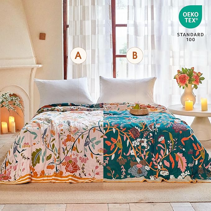 Boho Throw Blanket - 50"x60" 100% Cotton Ultra Soft Lightweight Blanket, 4-Layer Breathable Muslin Spring Blankets for Bed Couch, Reversible Green Floral Printed Bohemian Cotton Quilt