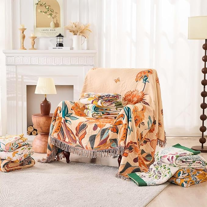 Boho Throw Blanket for Bed, 100% Cotton Soft Rustic Quilt Fall Blanket, 50"x60" Green Floral Printed Farmhouse Decor Bed Blankets, All Season Rustic Reversible Bohemian Throw Quilt