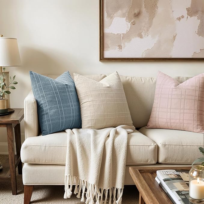 MIULEE Decorative Linen Check Euro Shams Throw Pillow Covers Neutral Farmhouse Vintage Spring Valentine Pillow Covers 22x22 Set of 2 Boho Modern Home Decor for Sofa Couch Bedroom Cushion Light Pink