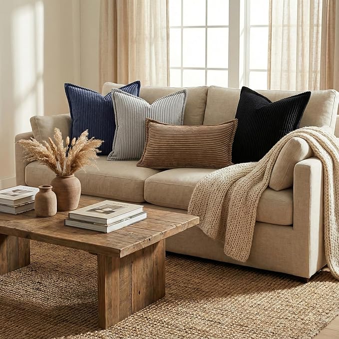 Mecatny Corduroy Throw Pillow Covers 24x24 Set of 2, Neutral Decorative Soft Boho Couch Pillow Covers with Broadside for Sofa Living Room, Black