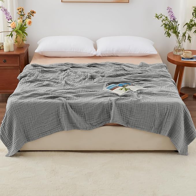 Love's cabin 100% Cotton Muslin Blanket, 6 Layer Lightweight Breathable Gauze King Size Blanket 108 x 90 Inches, Soft Summer Blanket for Bed, Medium Grey