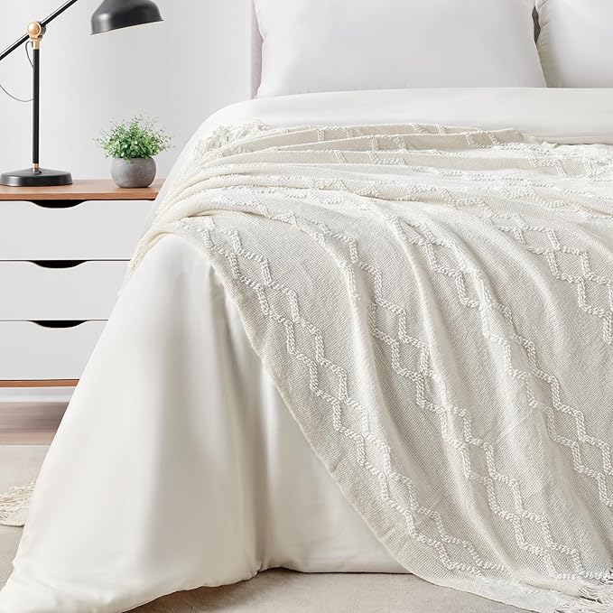 BOURINA Fluffy Chenille Knitted Fringe Throw Blanket Lightweight Soft Cozy for Bed Sofa Chair Throw Blankets, Off White 50" x 60"
