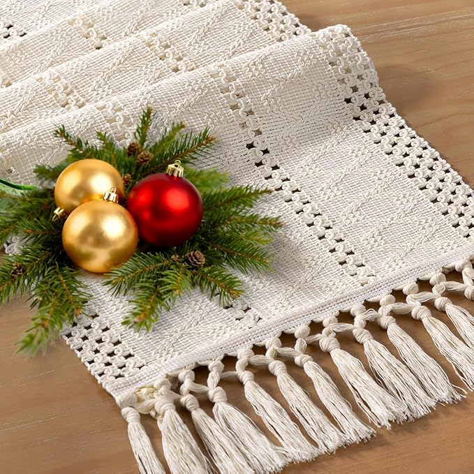Socomi Boho Table Runner Macrame Long Easter Spring Farmhouse Woven Cotton Linen Rustic Coffee Table Runner with Tassels for Dresser Scarf Home Decor Dining Room 12x108 inch Beige