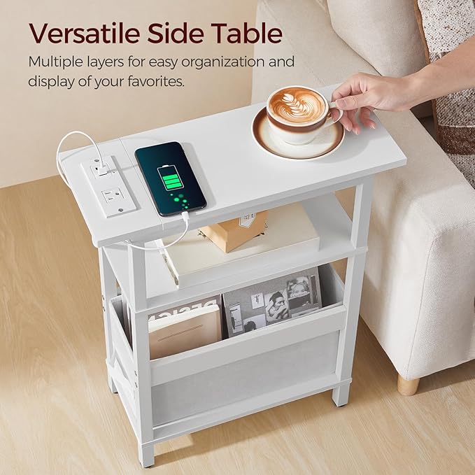 Narrow Side Table with Charging Station, Slim End Table with Fabric Storage, Skinny Nightstand for Small Spaces, Thin Bedside Table for Living Room, Bedroom, White ETBW125E01