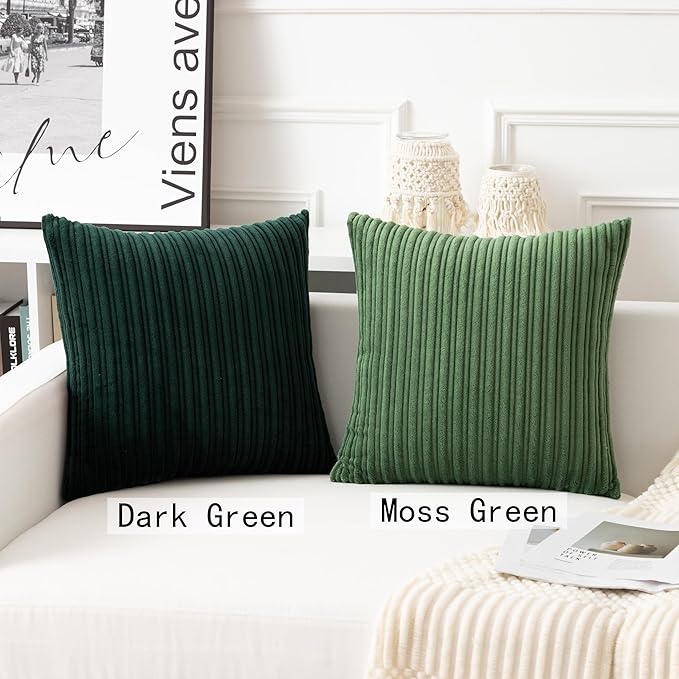 UGASA Velvet 18x18 Inch Soft Throw Pillow Covers Decorative Corduroy Striped Both Sides Solid Square Cushion Cases Boho Farmhouse for Couch Bedroom Sofa Home, Pack of 2, Moss Green