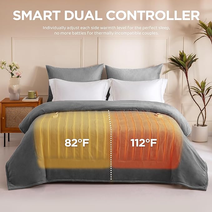 Heated Blanket Queen Size - Dual Controllers Electric Blanket Queen with 9 Heat Settings & 10 Hour Auto Off,Overheat Protection,Machine Washable 84"x90"(Dark Gray)