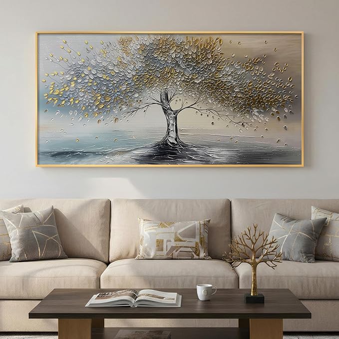 Large Gold Framed Tree of Life Wall Art for Living Room, Modern Abstract Blue Golden Tree Canvas Painting Prints, Luxury Artwork for Bedroom Hallway Kitchen Dining Room Office Wall Decor, 60x30 Inch