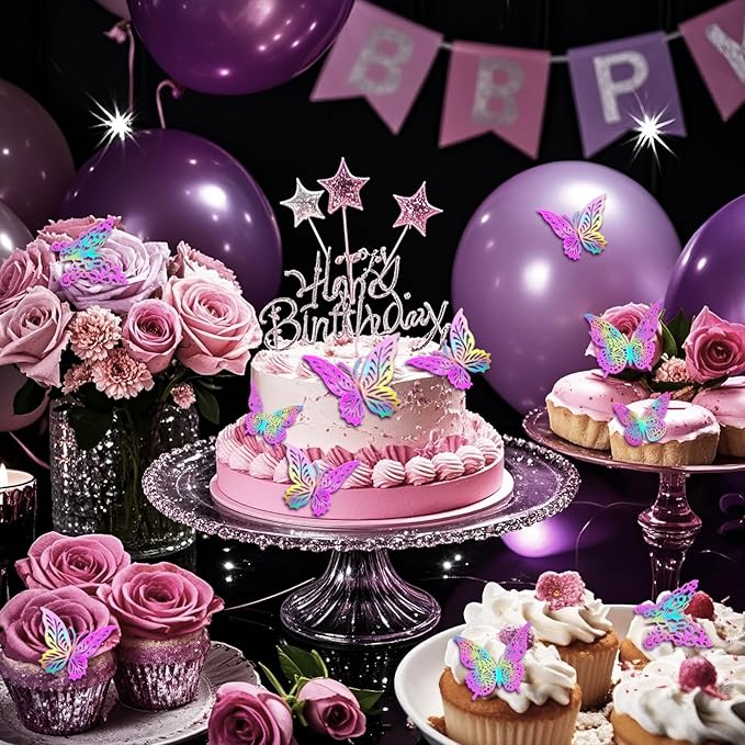 3D Butterfly Wall Decor 3 Sizes 4 Styles Butterfly Party Decorations Cake Decorations Removable Stickers Wall Decor Room Mural Metallic (Laser Pink Purple, 48Pcs)