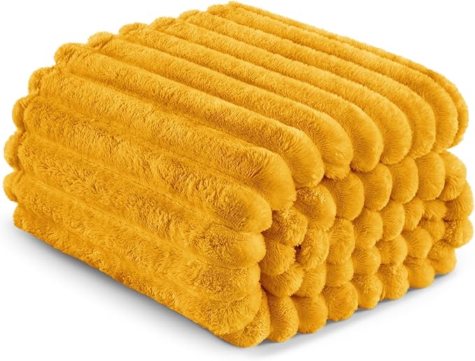 Exclusivo Mezcla Fleece Throw Blanket for Couch, Super Soft Striped Jacquard Bed Blanket, Lightweight Fuzzy Cozy for All Seasons, 50x60 Inches, Mustard Yellow