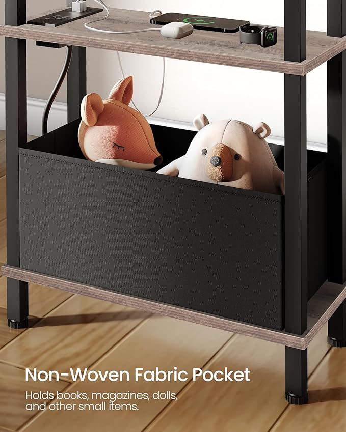 Small Narrow Side Table with Charging Station, Skinny End Table with Fabric Basket, Slim Nightstand for Small Spaces, Sofa Side Table, for Living Room, Bedroom, Greige and Black TBZ07UFH