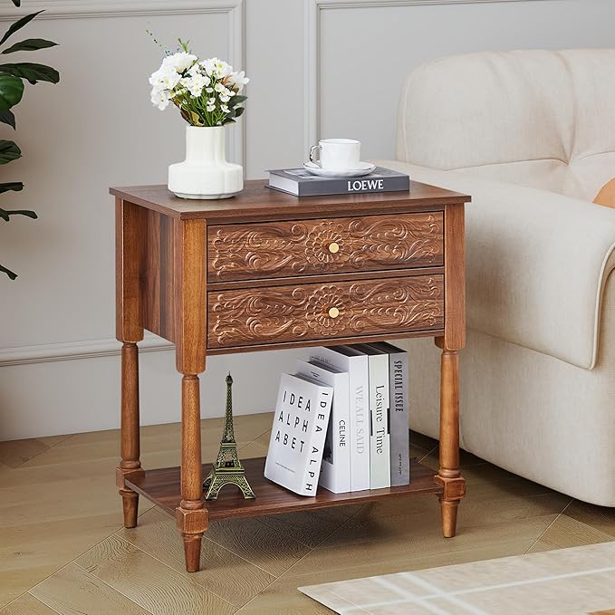 Nightstand, Farmhouse Bedside Table with 2 Drawers and Open Shelf, Wood Sofa Side Table End Table Accent Dresser for Bedroom, Living Room (with Shelf, Walnut)
