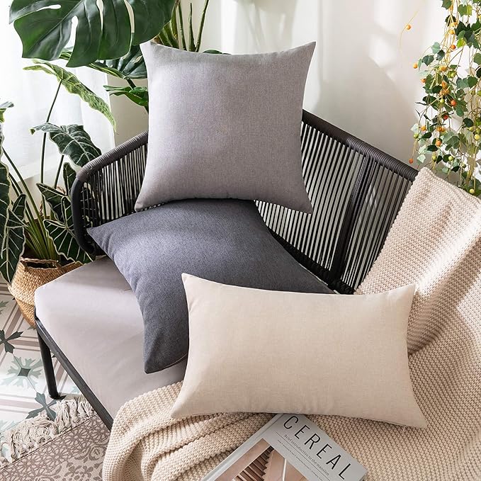 MIULEE Pack of 2 Decorative Outdoor Solid Waterproof Throw Pillow Covers Faux Linen Garden Farmhouse Cushion Cases for Patio Tent Balcony Couch Sofa 16x16 Inch Dark Grey