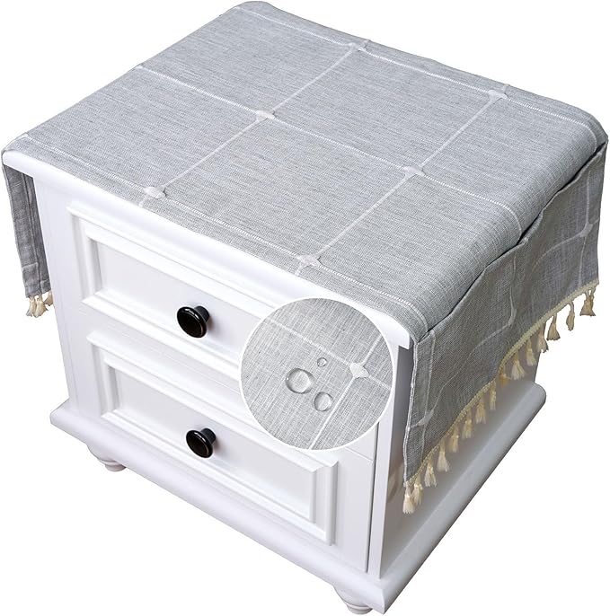 SIELUNO Nightstand Cover, Rectangle Bedside Tablecloth with Pockets and Tassel, Cotton Linen Waterproof Small Tablecloth TV Cabinet Washer Dryer Fridge Top Dust Cover-Grey Large Plaids-16x36 Inch