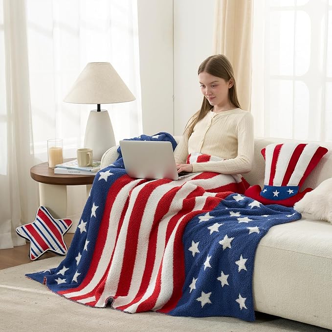 Snuggle Sac American Star Patriotic Throw Blanket for Couch Sofa Bed, July 4th Blanket Ultra Soft Cozy Throw Blanket, USA Military Veteran July 4th Gift, 50x60 inches