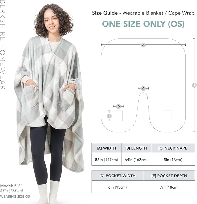 Berkshire Blanket PrimaLush™ Double-Sided Wearable Blanket with Pockets – Ultra Soft Fleece Shawl Wrap for Adults & Teens (One Size, 58" x 64")