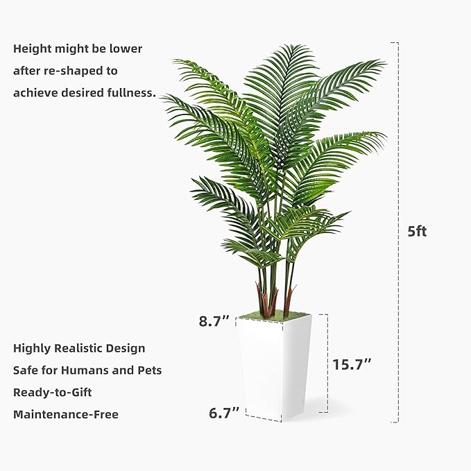 Artificial Palm Tree 5FT - Fake Tree with Black Tall Planter - Faux Tropical Areca Floor Plant in Pot - Artificial Silk Plant for Home Office Living Room Decor Indoor