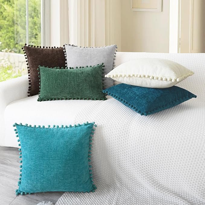 CaliTime Throw Pillow Covers Decorative 20 X 20 Inches Pack of 2 Cozy Solid Dyed Soft Chenille Cushion Cases with Pom Poms for Couch Sofa Bed Living Room Home Coffee