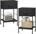 WLIVE Night Stand Set 2, Black Nightstand with Fabric Storage Drawer and Open Wood Shelf, Nightstand Set of 2 with Steel Frame, Side Table for Bedroom, Dorm, Charcoal Black, 25.03" Height
