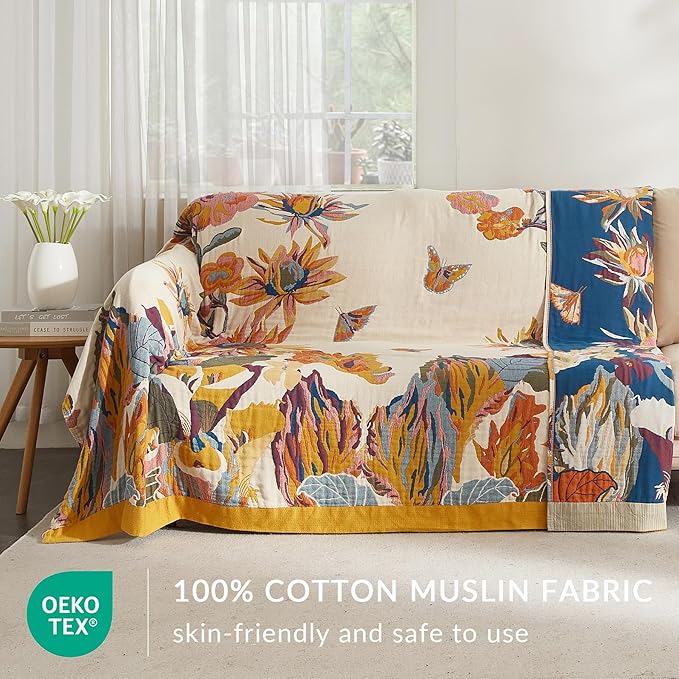 Boho Throw Blanket for Couch Sofa Bed, 100% Cotton Woven Quilt with Tassel 80”x90”, Super Soft Muslin Blanket with Floral Printed, Decorative Reversible Bed Blanket/Cover for All Seasons