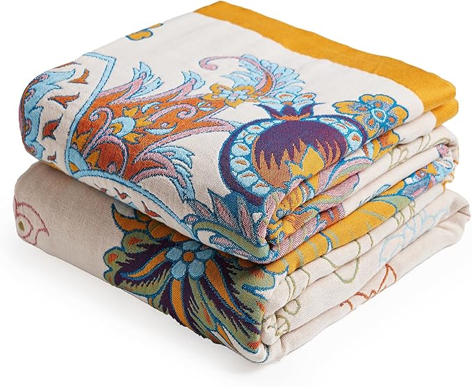 Boho Throw Blanket, 100% Organic Cotton Breathable Skin-Friendly Ultra Soft Bed Quilt Throw - All Season Floral Bird Farmhouse Décor Luxury Blanket for Sofa Couch Chair and Gift. 50" x 60"