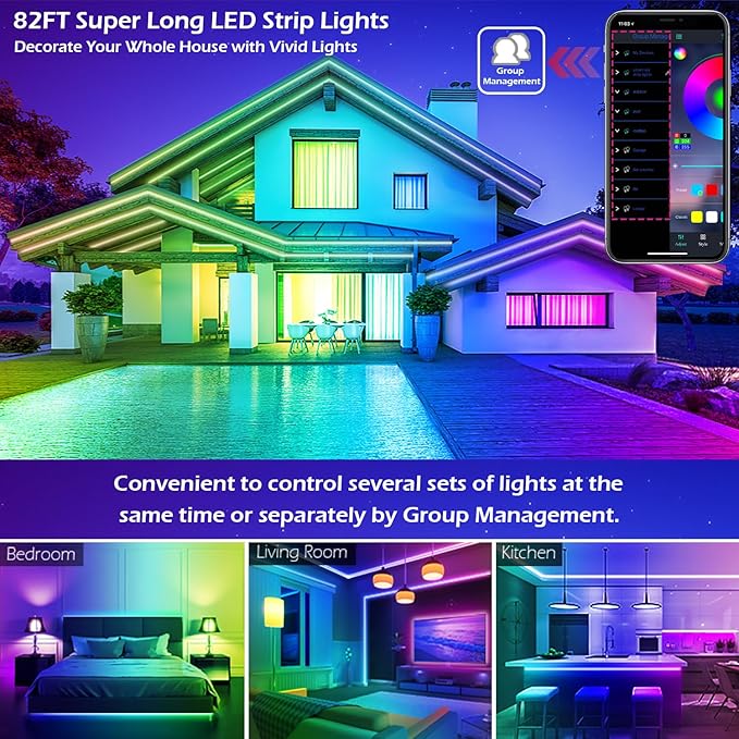 LETIANPAI Led Strip Lights, 82ft/25m Long Smart Light Strips Music Sync 5050 RGB Color Changing Rope Lights,Bluetooth APP/IR Remote/Switch Box Control Lights for Bedroom, (Red, Green, Blue)