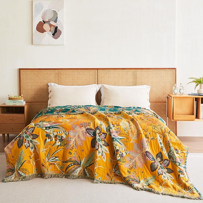 Boho Throw Blanket - 60"x80" Soft Cotton Throw Blanket Muslin Blankets for Bed, Reversible Lightweight Spring Blanket with Floral Printed, All Season Farmhouse Decor Rustic Blanket