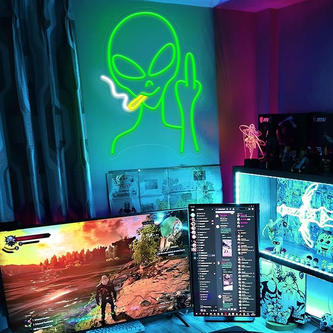Green Alien Neon Signs, Dimmable LED Neon Signs for Wall Decor Bedroom Man Cave Game Room Home Bar Party Decor, LED Alien Neon Light for Kids Birthday Gift (Green Alien)