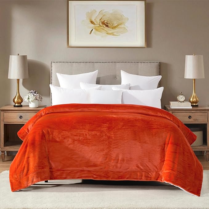 Mocassi Premium Ultra-Soft Flannel Fleece Sherpa Throw Blanket - Warm Cozy Reversible Plush Micromink Blanket for Couch, Bed and Sofa - Fluffy, Christmas Winter Bedding Gift, Full, Orange