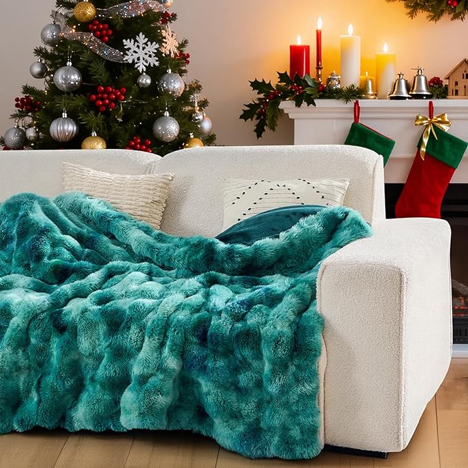 Lotus Karen Faux Fur Throw Blanket Tie-Dye Green - Big Bubble Rabbit Fluff Blanket for Couch,Small Fluffy Fuzzy Cozy Blanket,Thick Furry Plush Shaggy Blankets,60x80 Inches