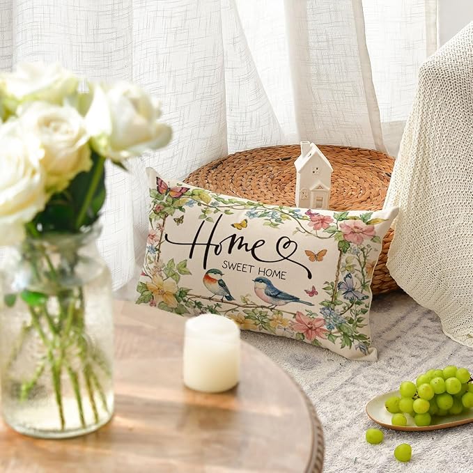 AVOIN colorlife Home Sweet Home Birds Floral Throw Pillow Cover, 12 x 20 Inch Spring Summer Flowers Cushion Case Decoration for Sofa Couch Living Room Bedroom Decor