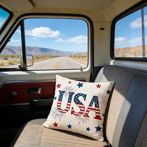 4th of July Throw Pillow Covers, USA Patriotic Design, Linen, 18x18 Inch, Set of 2, Machine Washable, Farmhouse Style