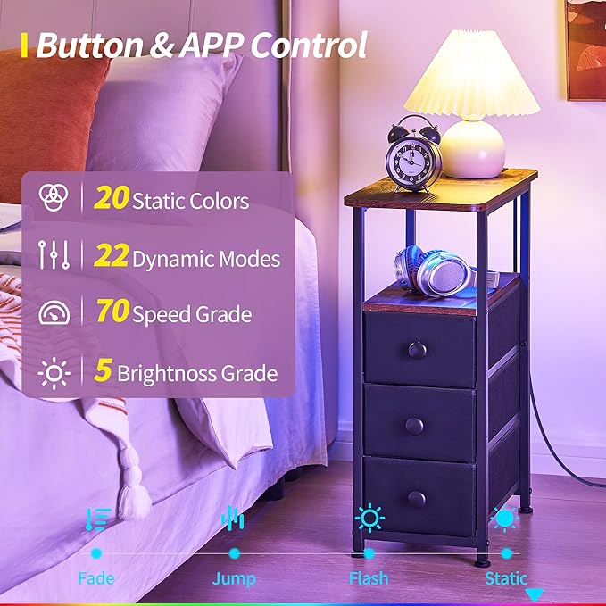 Narrow End Table with Charging Station, Narrow Side Table with Drawer, Small Nightstand with LED Light, Skinny Nightstand, Small Bedside Table for Living Room, Bedroom, Couch, Rustic Brown