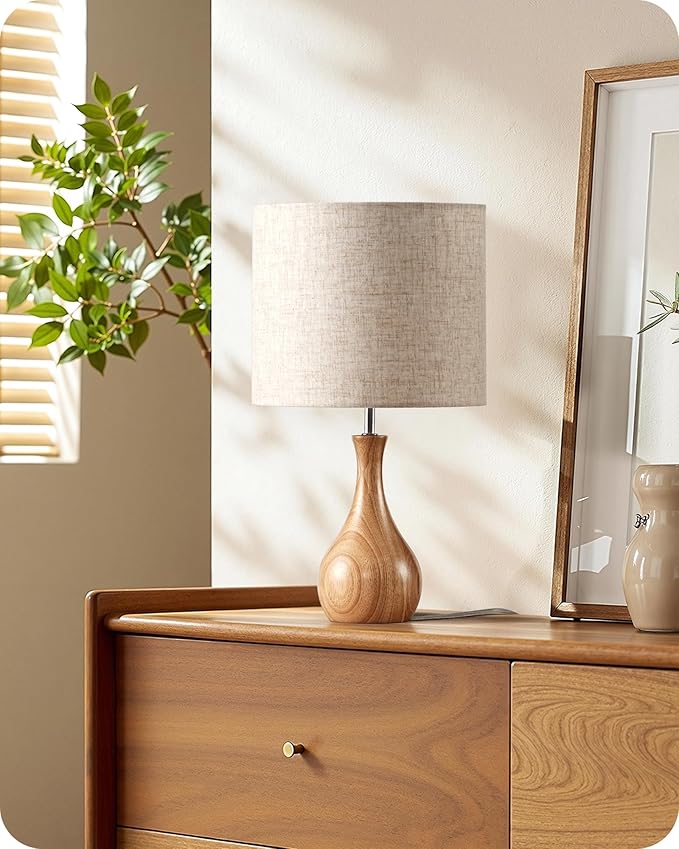 Small Table Lamp, Wood Desk Lamp with Beige Linen Lampshade & Natural Wood Bottle-Shaped Base, Modern Bedside Lamp with Cable, E26 Base, Bulb Not Included, for Bedroom, Kid's Room, ME09TL05
