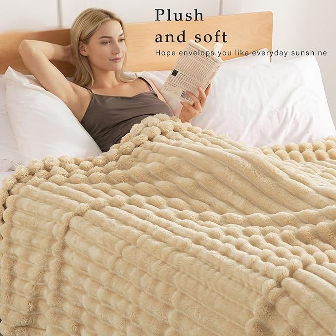 Exclusivo Mezcla Queen Size Flannel Fleece Blanket, Super Soft Striped Jacquard Bed Blanket, Lightweight Fuzzy Cozy for All Seasons, 90x90 Inches, Beige