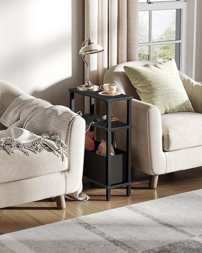 Set of 2 End Tables with Charging Station, Narrow Side Table for Small Spaces, Slim Nightstand with Basket, Skinny Bedside Table, for Living Room, Bedroom, Black TBZ07UP2BBN1