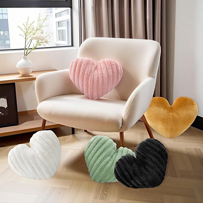 16 Inch Heart Pillow Cute Soft Decorative Throw Pillows, Heart Shaped Fluffy Faux Fur Pillows Cushions for Couch Sofa Bed Bedroom Room Home Decor Aesthetic (2, White, Medium-16 x13)