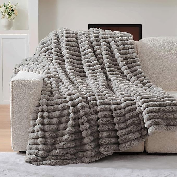 Lotus Karen Faux Fur Throw Blanket - Stripe Faux Rabbit Fur Blanket for Couch, Cozy Soft Fluffy Fuzzy Blanket, Warm Thick Furry Plush Shaggy Small Blankets for Women, Light Gray,50x60 Inches