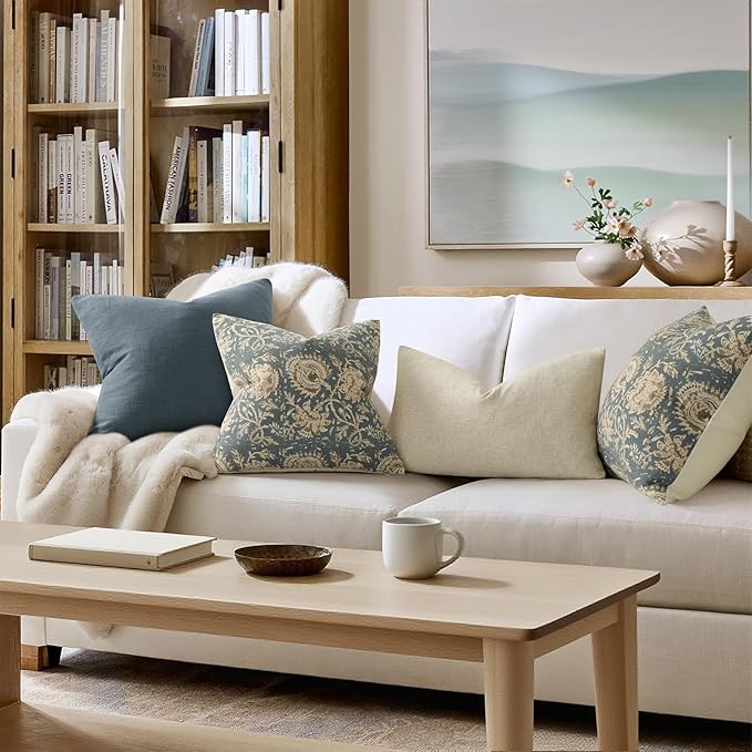 Vintage Floral Print Throw Pillow Covers 18x18 Set of 2 Neutral Modern Farmhouse Pillowcase Accent Decorative Cushion Covers Boho Home Decor for Couch Sofa Chair Bed Living Room, Dusty Blue