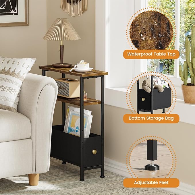 Narrow Small Side Table, End Table with 1 Fabric Drawer and Storage Shelf, 3-Tier Skinny Nightstand, Slim Bedside Table for Living Room, Bedroom, Rustic Brown